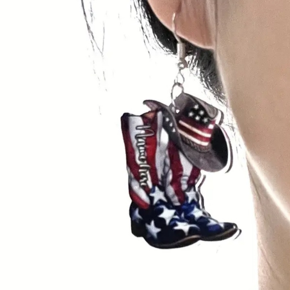 Earrings boots with the USA American flag, cowboy hat! Also, nickel free. NWT